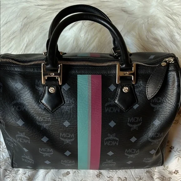 MCM Black Leather w/ Multicolor Racing Stripe & Silver Hardware EUC - Picture 4 of 9